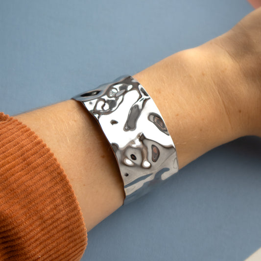 Silver Tone Textured Wide Cuff Bangle