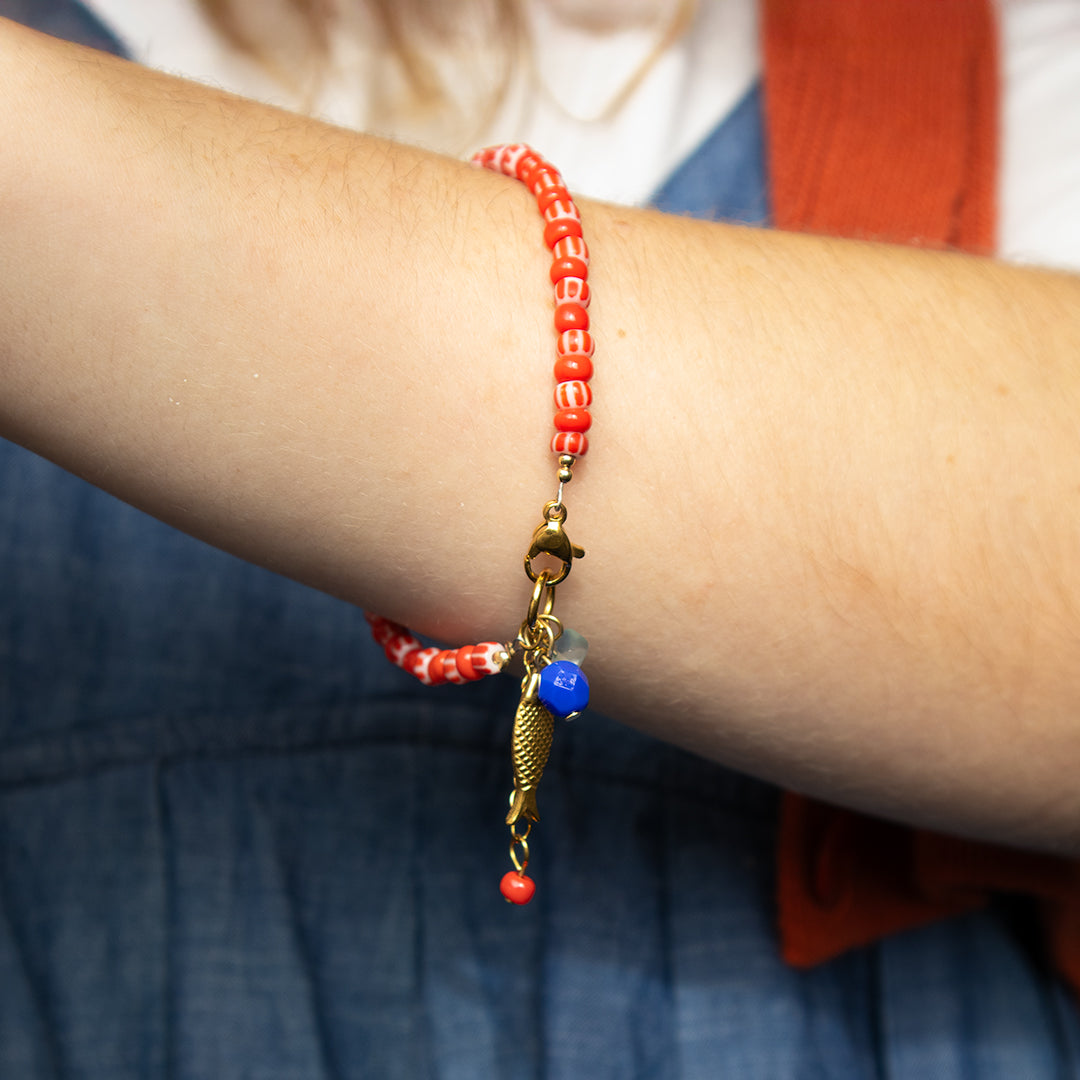 Red Candy Stripe Bead and Fish Charm Bracelet