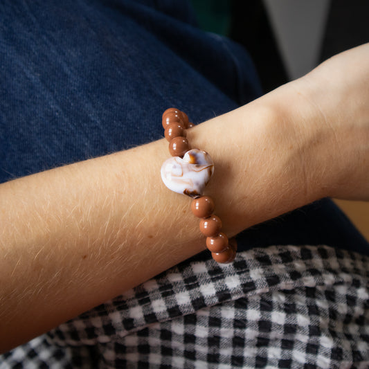 Mocca Bead and Cream Heart Bracelet