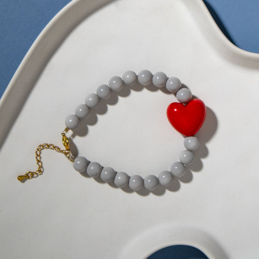 Pastel Grey Bead and Red Heart Bracelet
