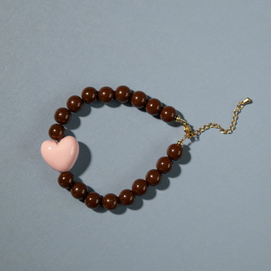 Chocolate Bead and Pink Heart Bracelet