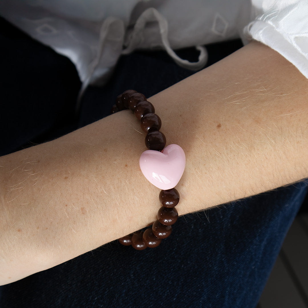 Chocolate Bead and Pink Heart Bracelet