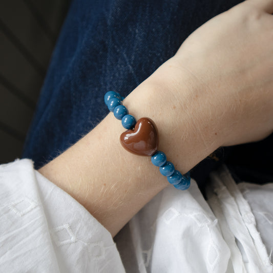 Peacock Blue Bead and Chocolate Heart Bracelet