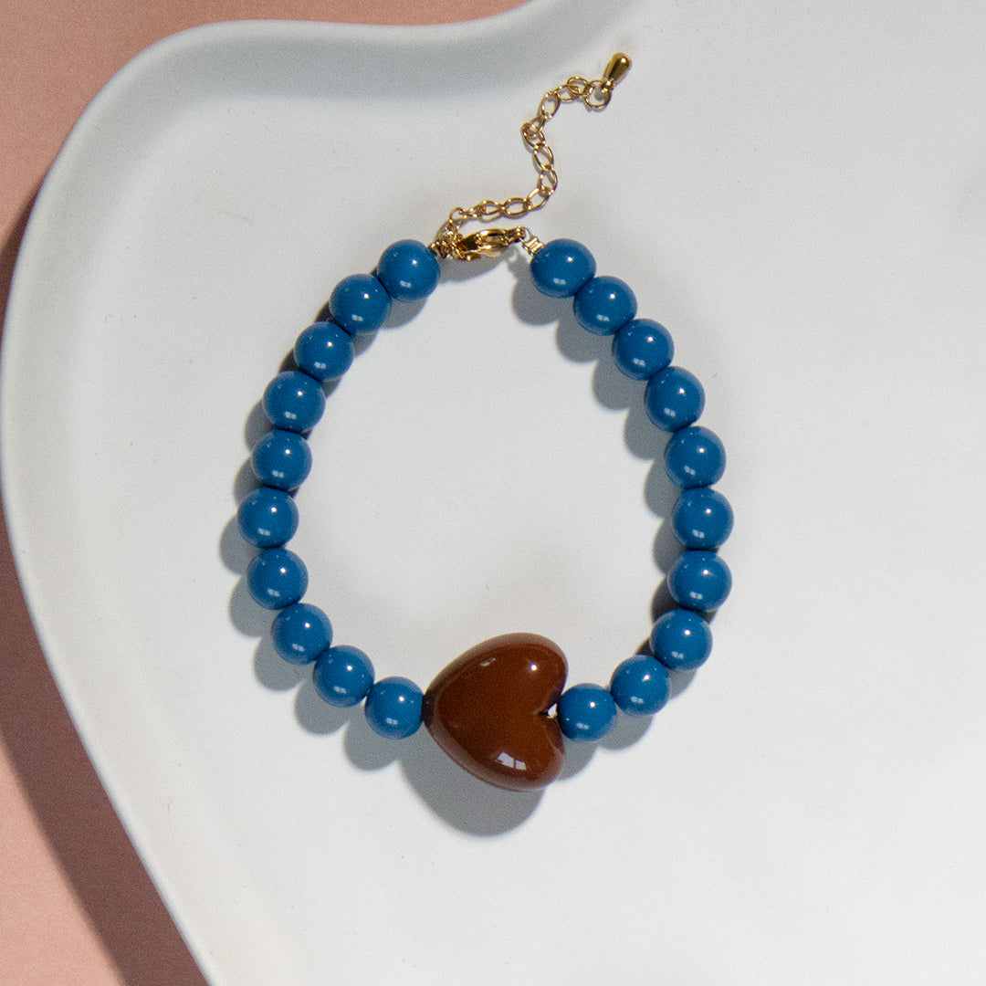 Peacock Blue Bead and Chocolate Heart Bracelet