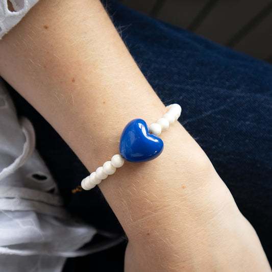 Cream Bead and Blue Heart Bracelet