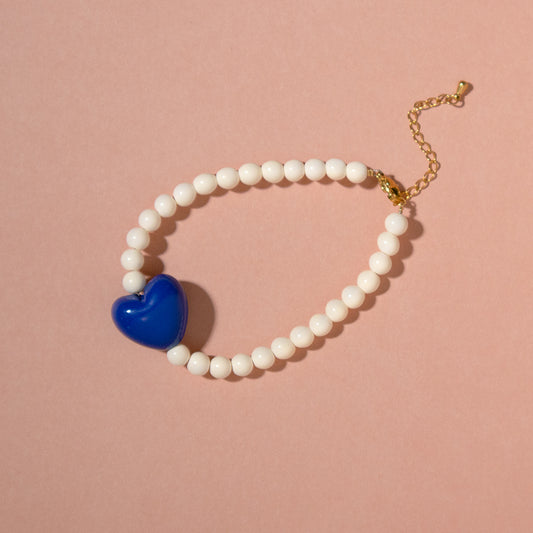 Cream Bead and Blue Heart Bracelet