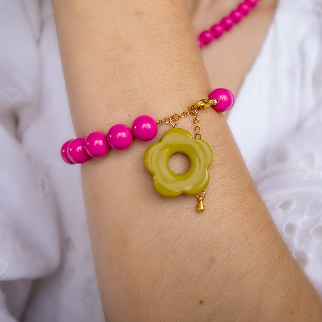 Barbie Pink Bead and Olive Flower Bracelet