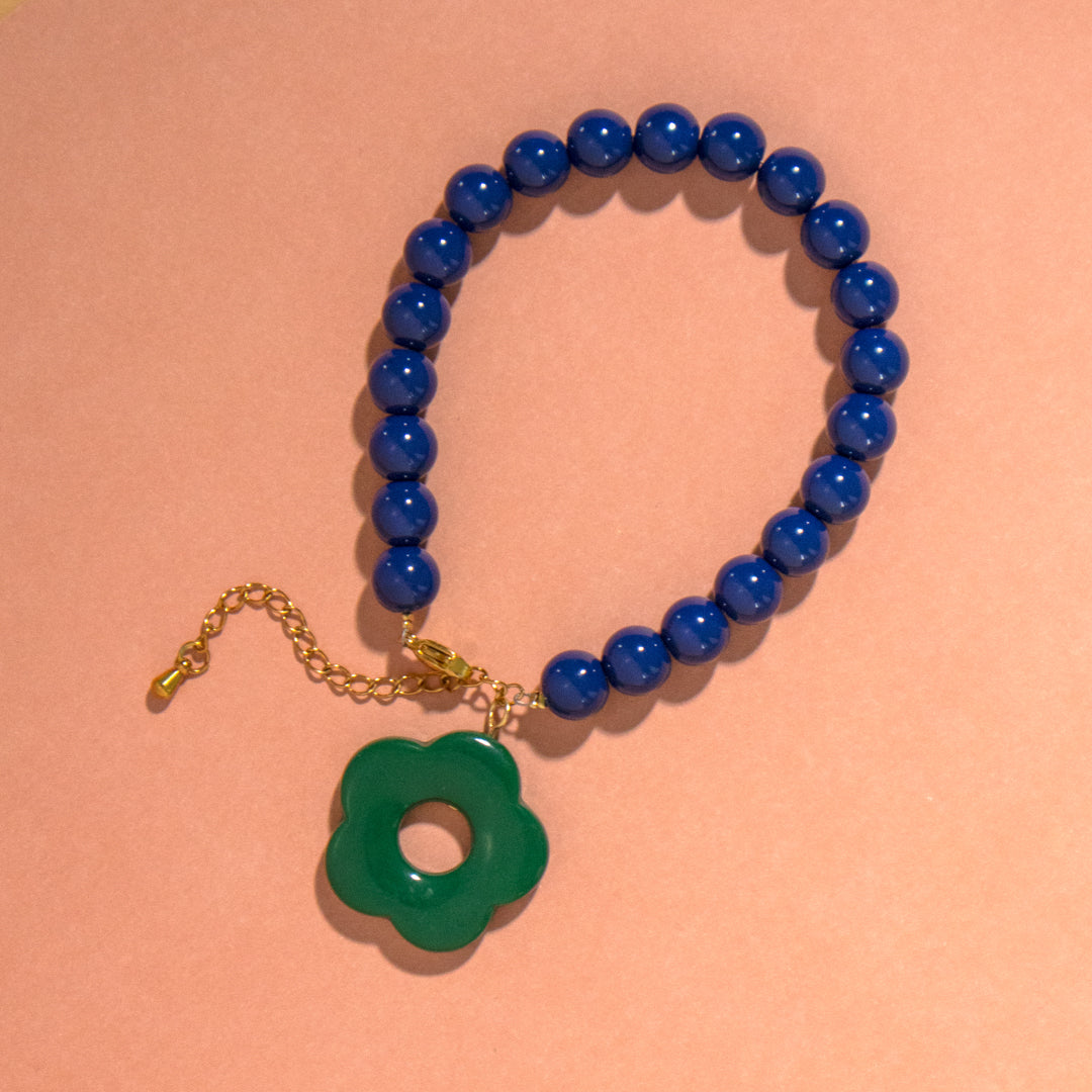 Navy Bead and Forest Green Flower Bracelet
