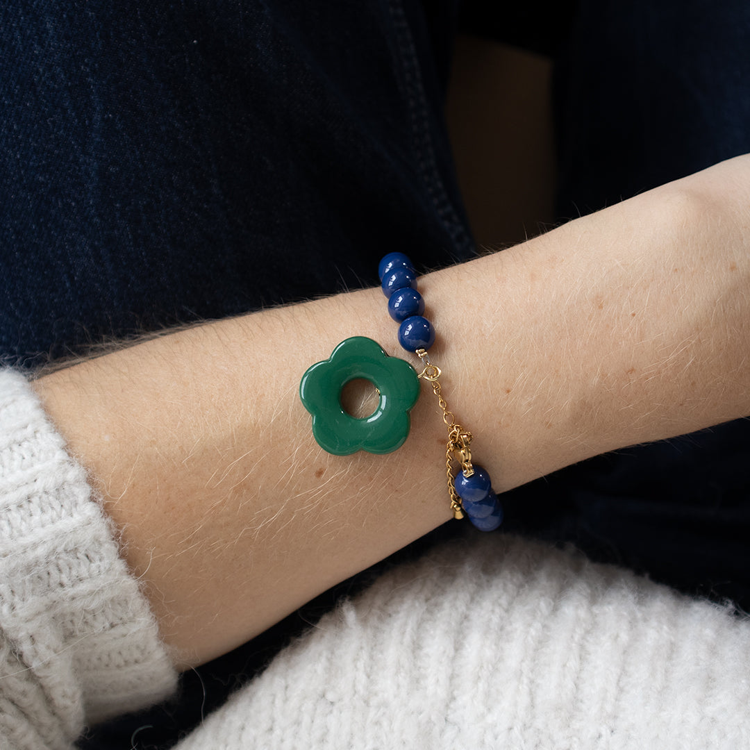 Navy Bead and Forest Green Flower Bracelet