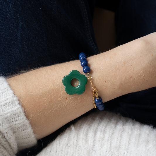 Navy Bead and Forest Green Flower Bracelet