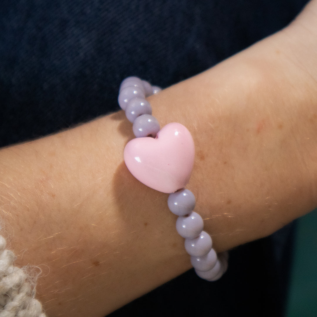Pastel Purple Bead and Pink Heart Bracelet