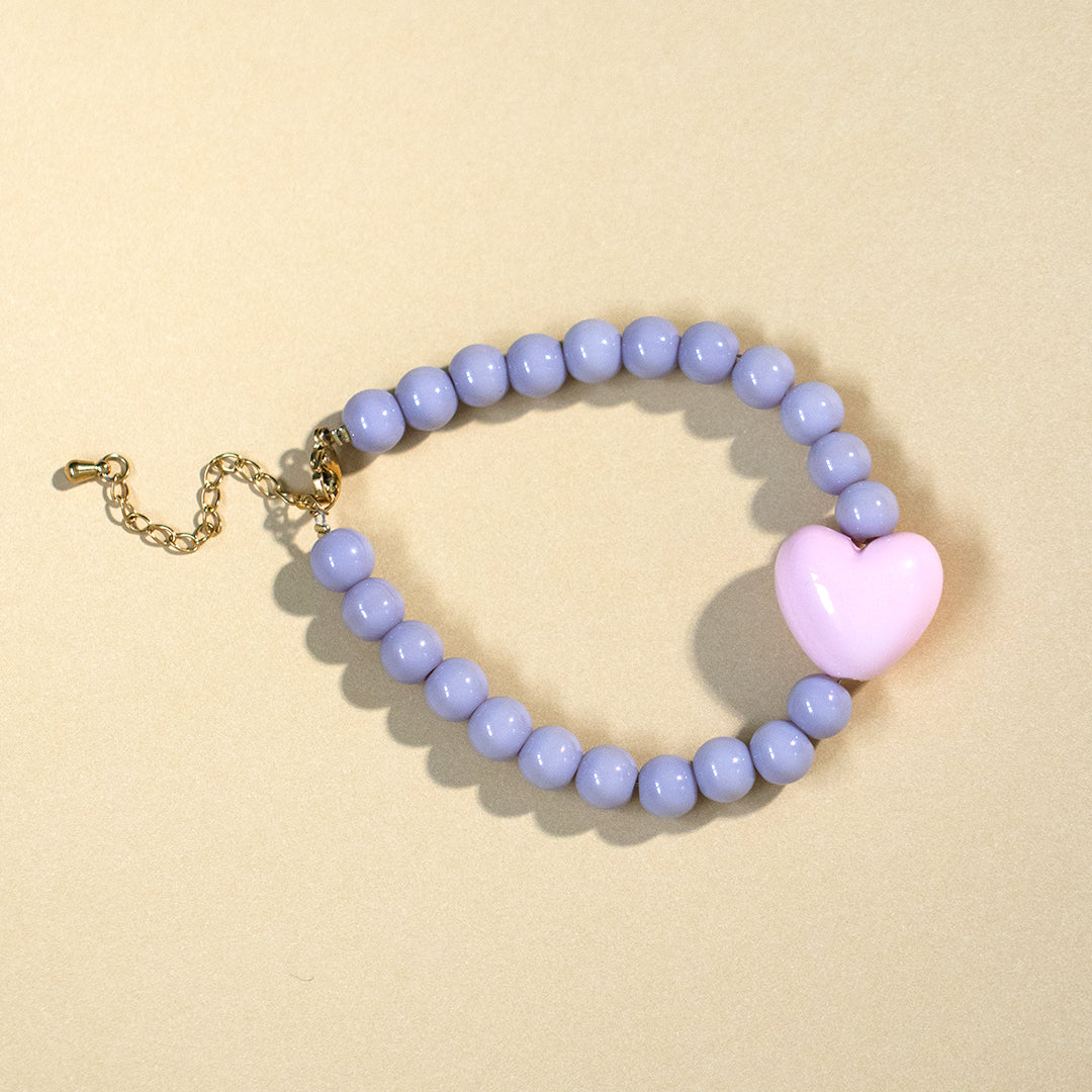 Pastel Purple Bead and Pink Heart Bracelet