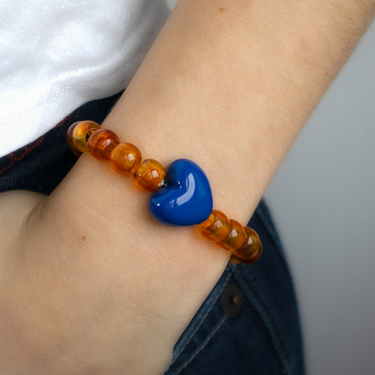 Chunky Amber Bead and Blue Heart Stretch Bracelet
