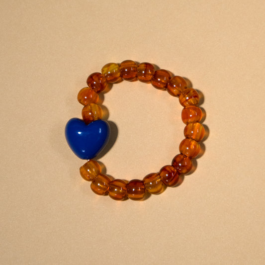 Chunky Amber Bead and Blue Heart Stretch Bracelet