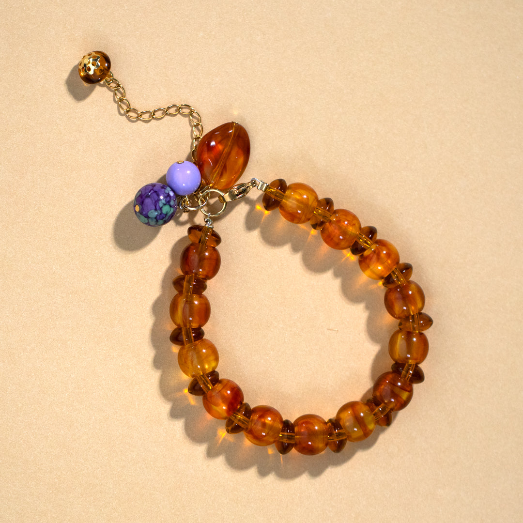 Amber and Purple Bead Necklace with Charms Set of 2