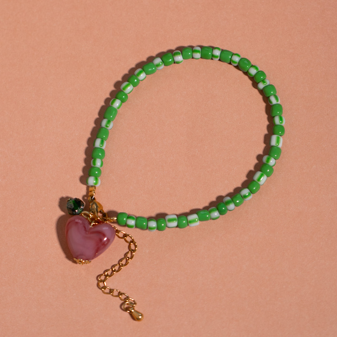 Green and White Bead with Pink Heart Necklace Set of 2