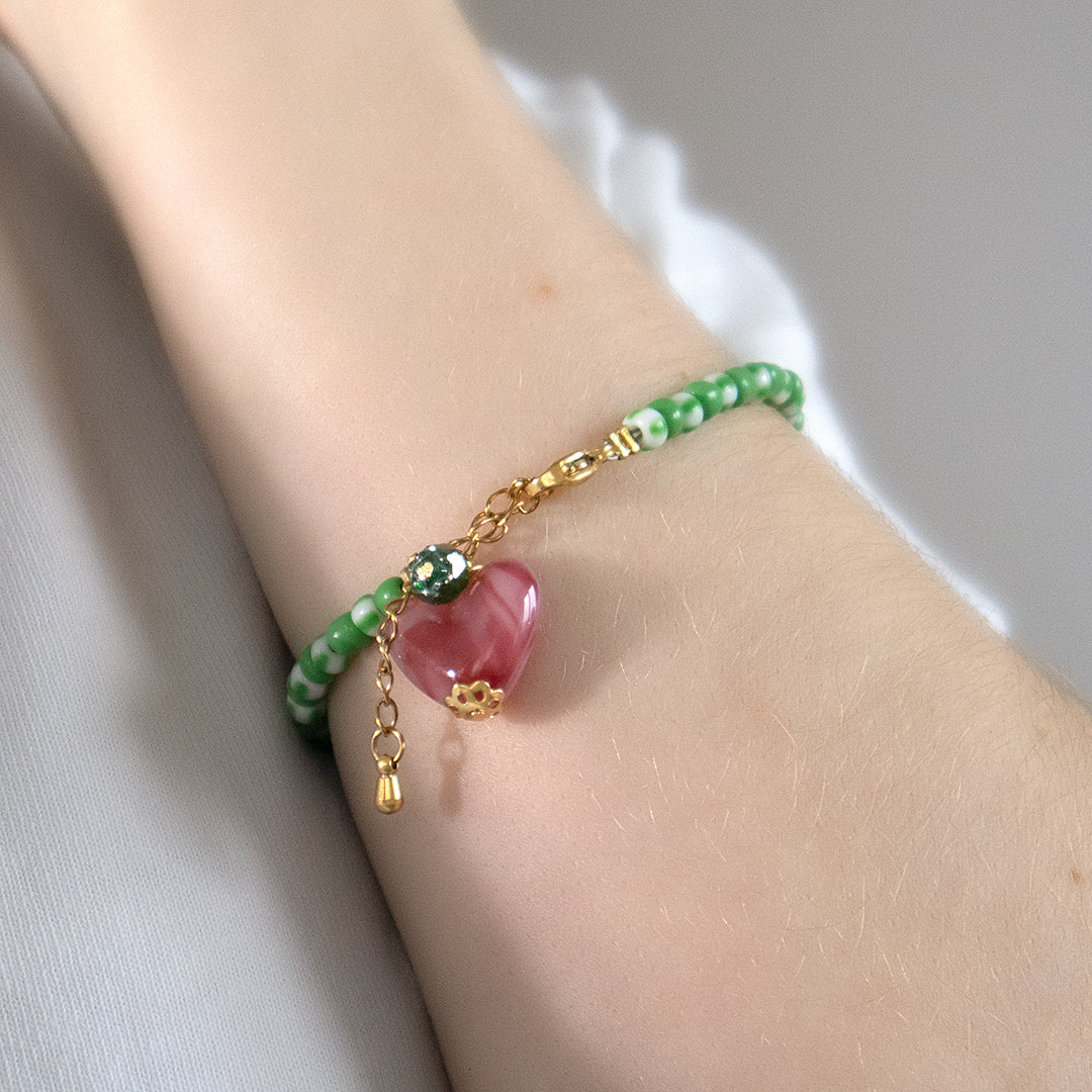 Green Stripe Bead and Pink Heart Bracelet