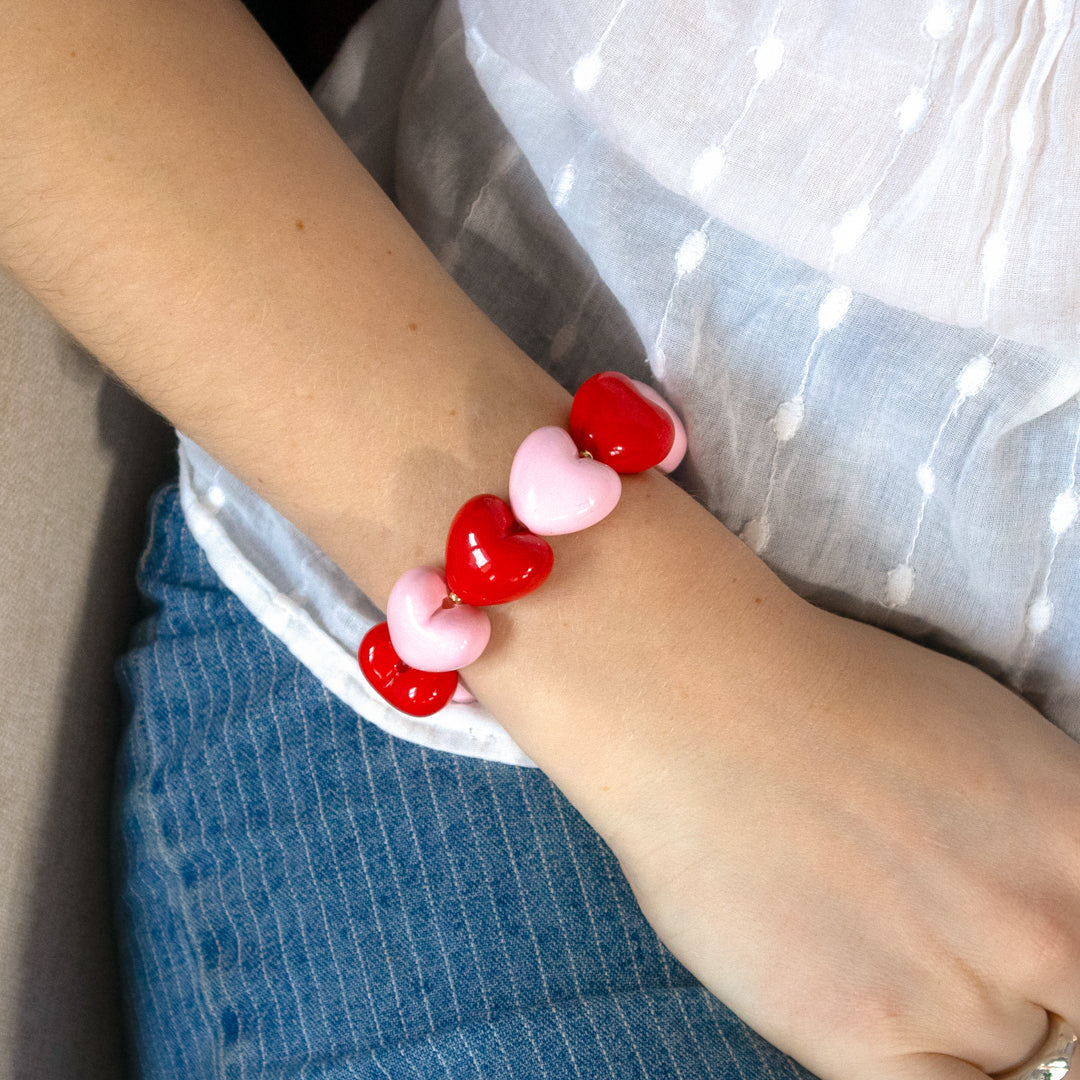 Red & Pink Puff Heart Stretch Bracelet