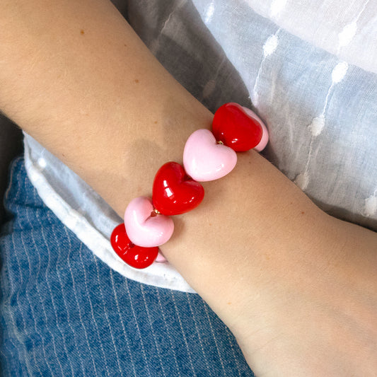 Red & Pink Puff Heart Stretch Bracelet