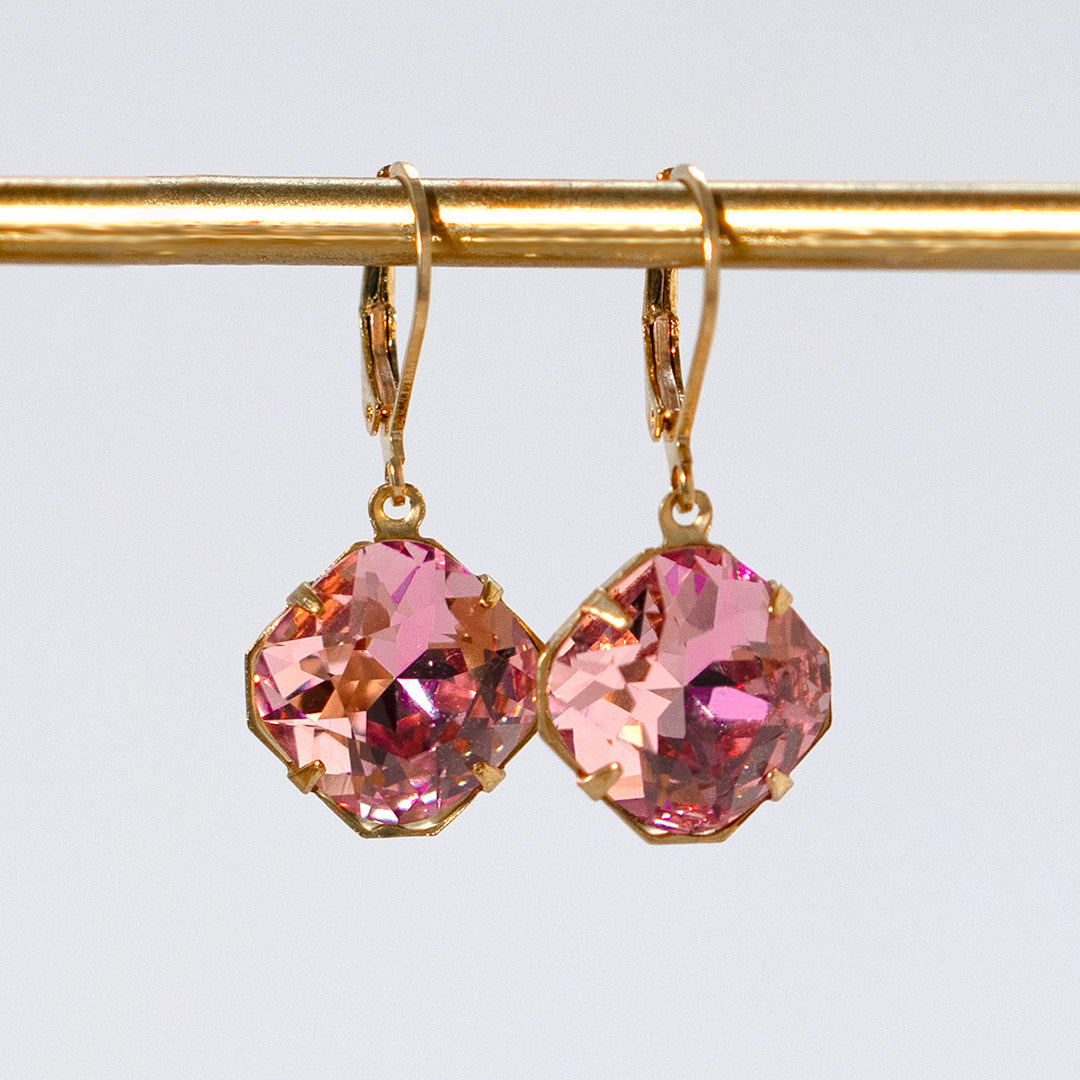 Pink Large Square Crystal Drop Earrings