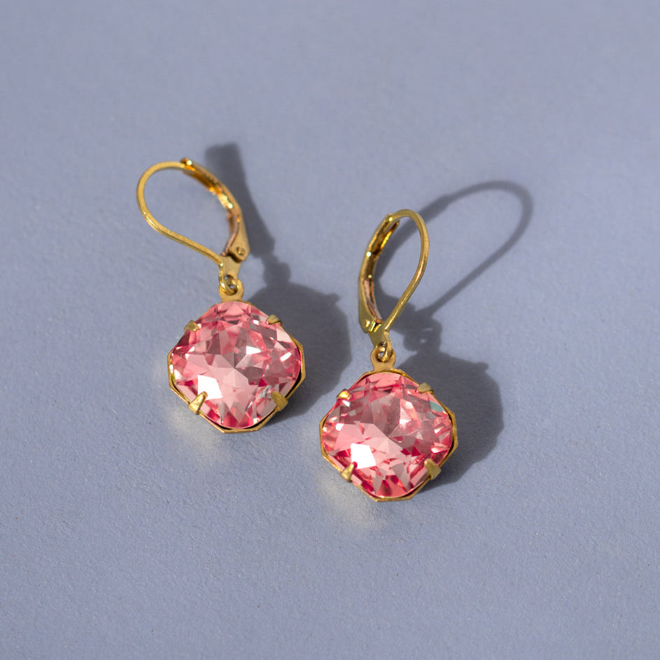 Pink Large Square Crystal Drop Earrings