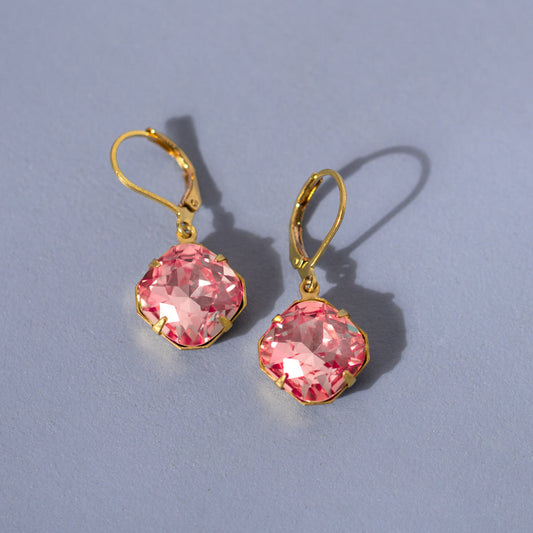 Pink Large Square Crystal Drop Earrings