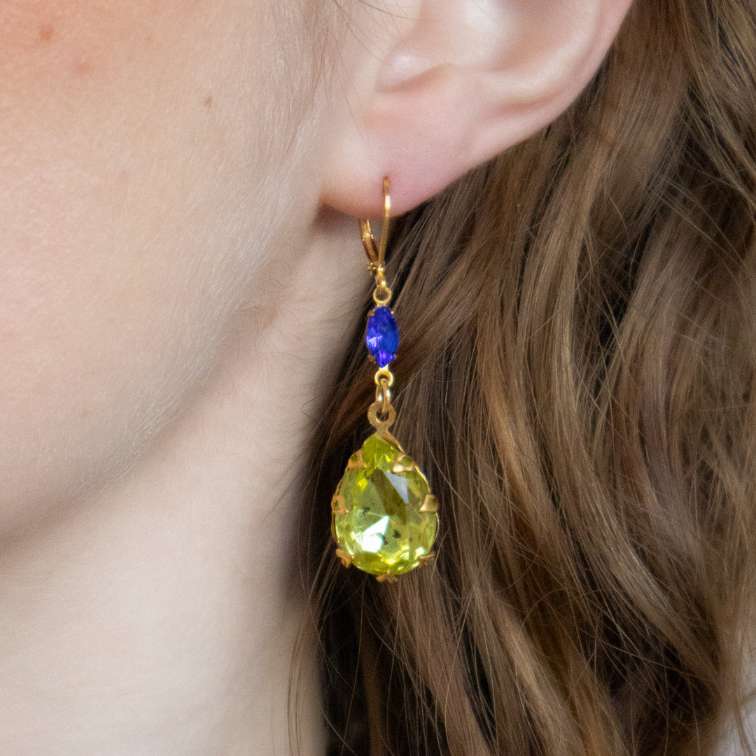 Statement Lime Green And Blue Rhinestone Drop Earrings