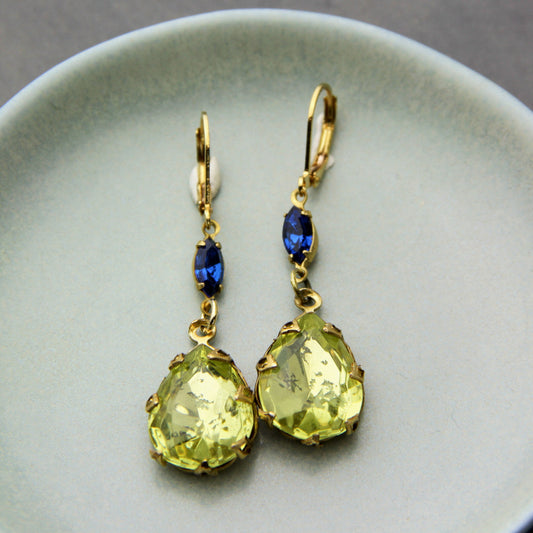 Statement Lime Green And Blue Rhinestone Drop Earrings