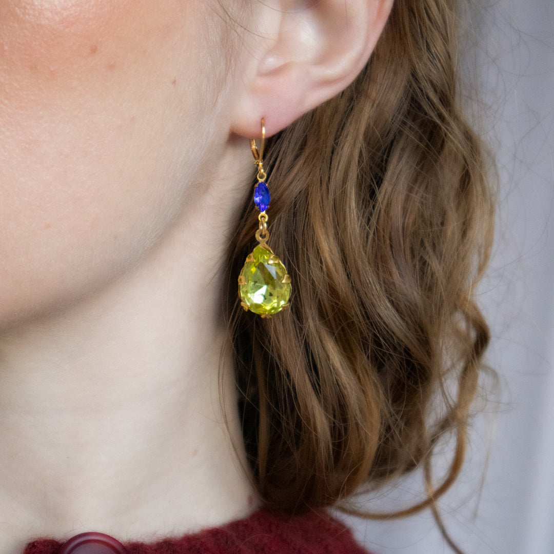 Statement Lime Green And Blue Rhinestone Drop Earrings