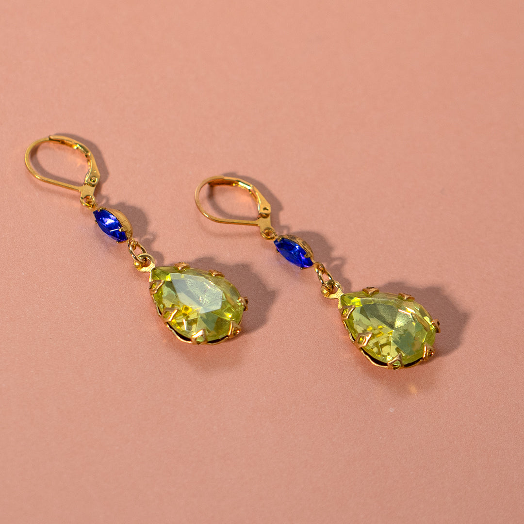 Statement Lime Green And Blue Rhinestone Drop Earrings