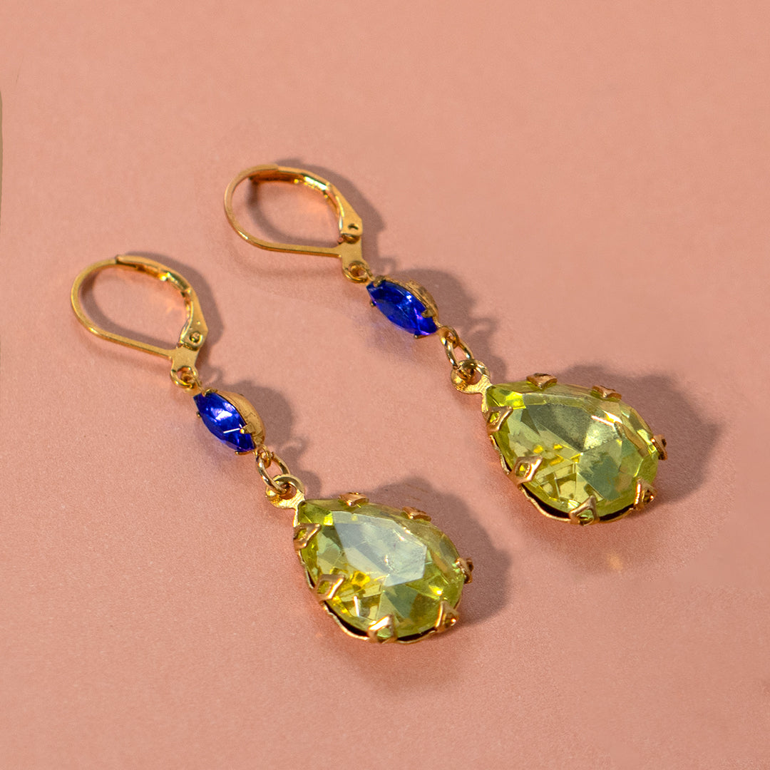 Statement Lime Green And Blue Rhinestone Drop Earrings