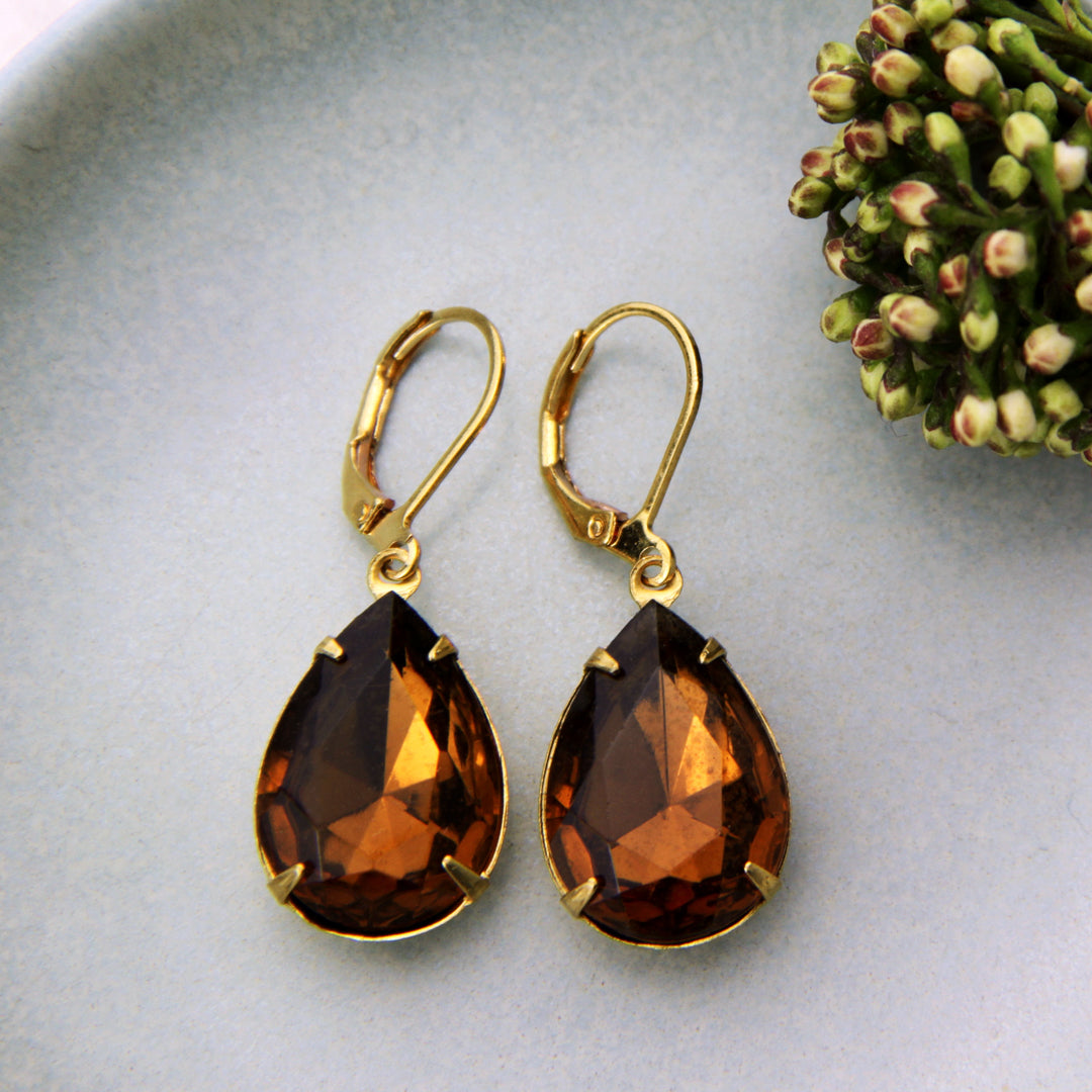 Large Dark Topaz Teardrop Rhinestone Drop Earrings