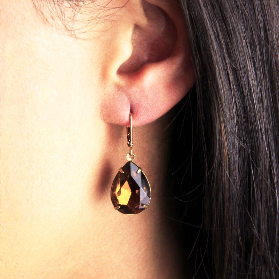 Large Dark Topaz Teardrop Rhinestone Drop Earrings