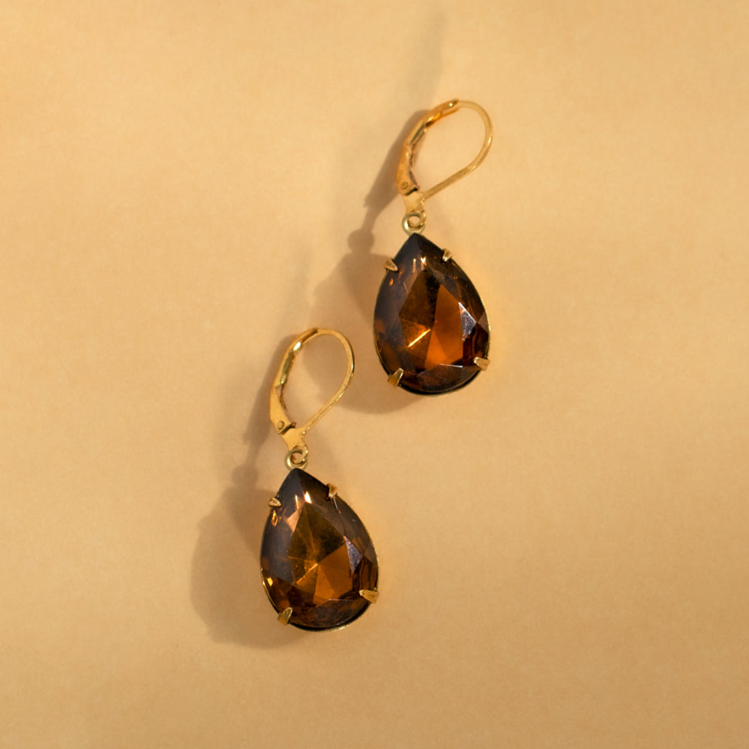 Large Dark Topaz Teardrop Rhinestone Drop Earrings
