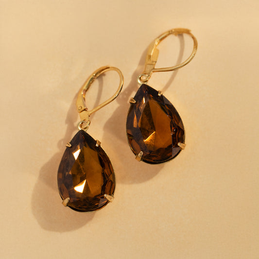 Large Dark Topaz Teardrop Rhinestone Drop Earrings