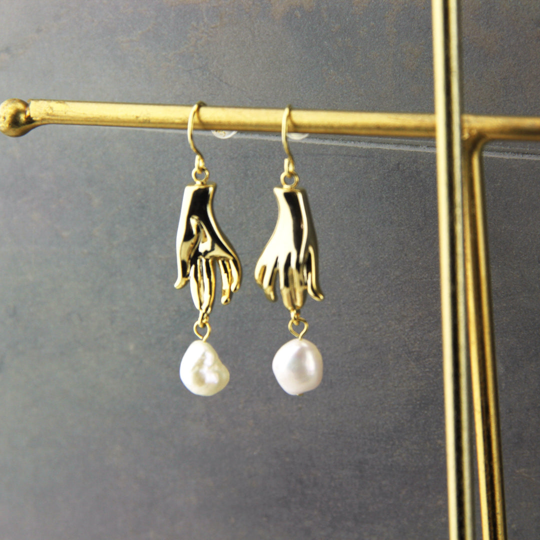 Gold Plated Hand And Pearl Dangle Earrings