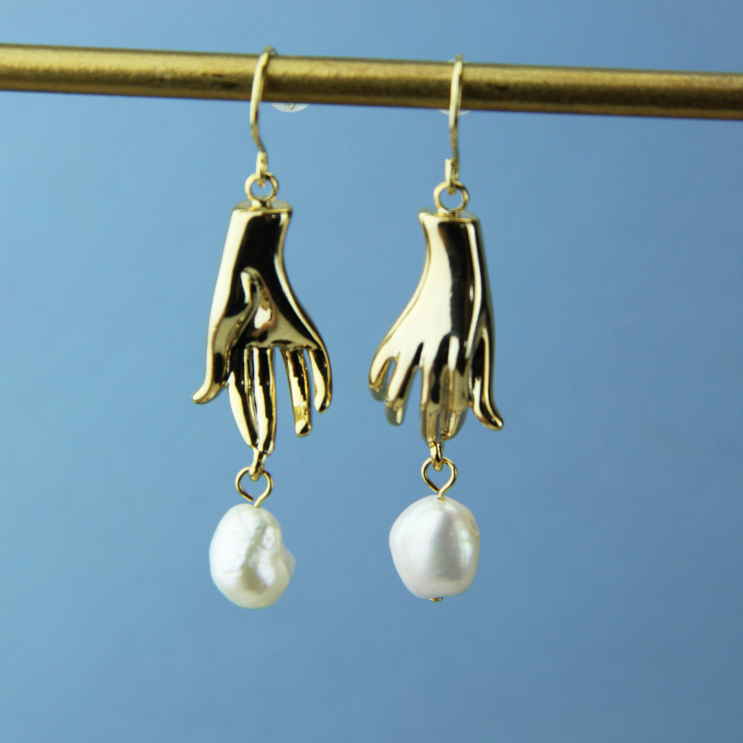 Gold Plated Hand And Pearl Dangle Earrings