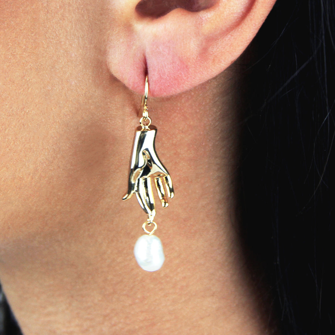 Gold Plated Hand And Pearl Dangle Earrings