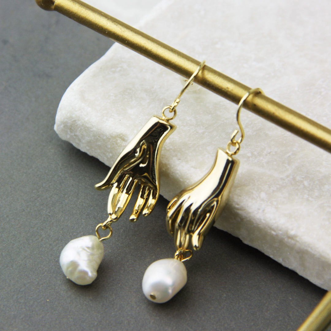 Gold Plated Hand And Pearl Dangle Earrings