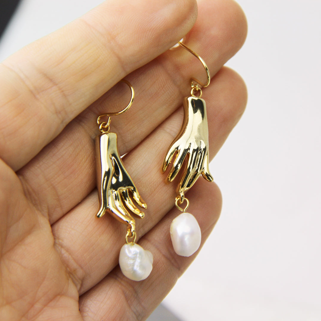 Gold Plated Hand And Pearl Dangle Earrings