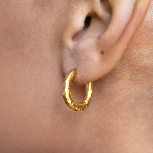 Gold Plated Molten Hoops Non Tarnish shown worn in a model's ear