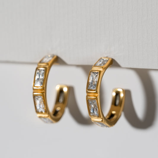 Gold Hoop Earrings With Baguette Crystals Non Tarnish