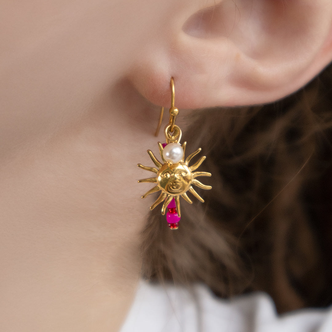 Sun & Pink Bead Charm Drop Earrings