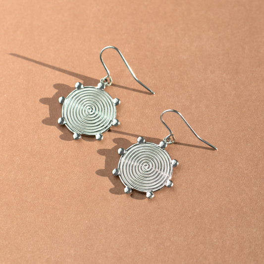 Silver Spiral Disc Earrings with Dots