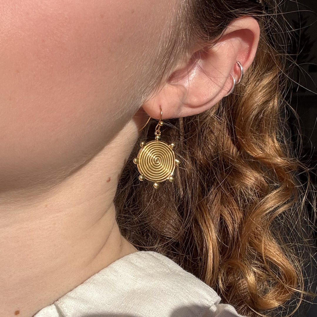 Gold Plated Spiral Disc Earrings with Dots