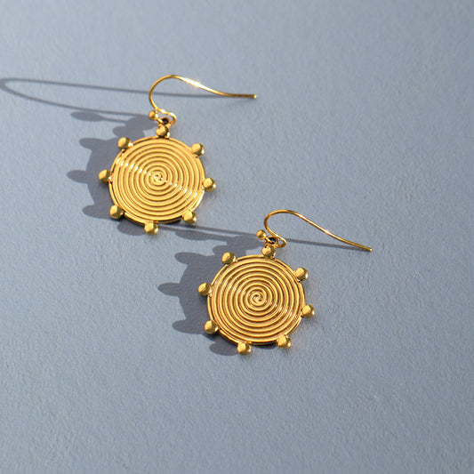 Gold Plated Spiral Disc Earrings with Dots