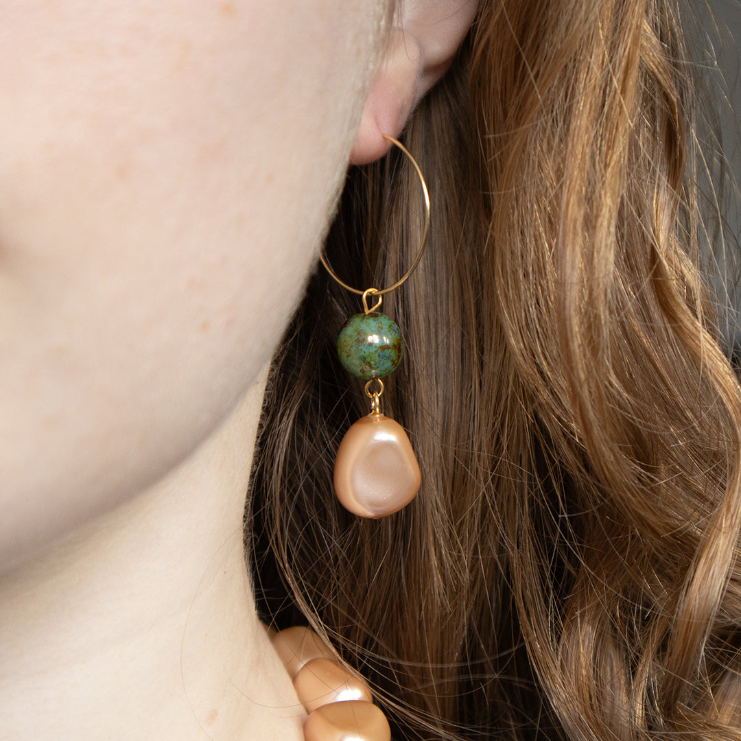 Molten Pearl and Turquoise Hoop Earrings