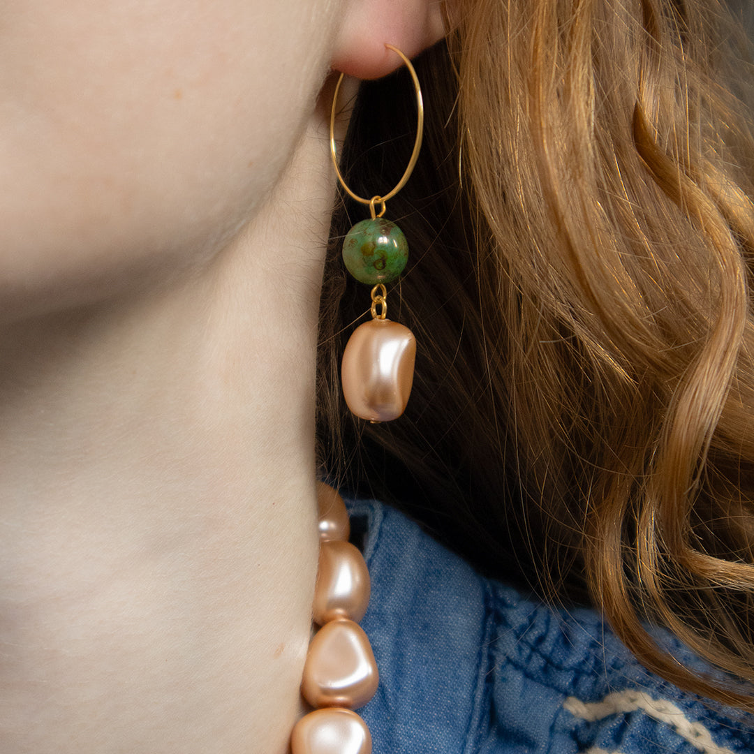 Molten Pearl and Turquoise Hoop Earrings