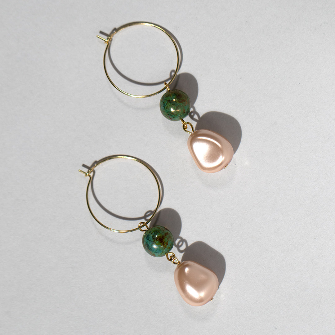 Molten Pearl and Turquoise Hoop Earrings