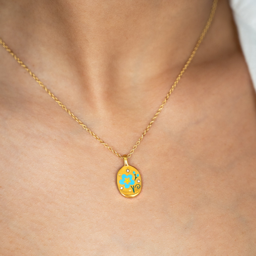 Blue Flower Gold Charm Necklace Non Tarnish